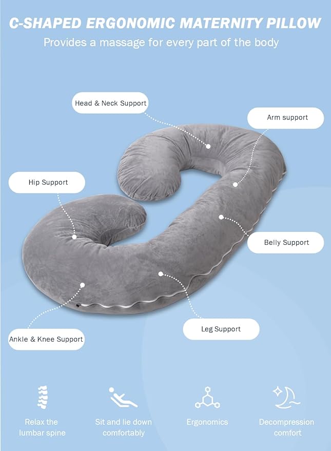 INSEN Pregnancy Pillow,Maternity Body Pillow with Velvet Cover,C Shaped Body Pillow for Sleeping (Grey)