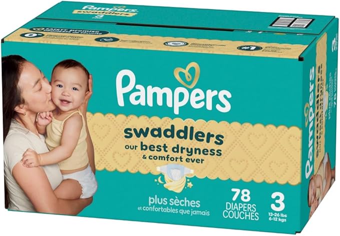 Pampers Swaddlers Diapers, Size 3 (13-26 lbs), 78 Count, Absorbent, Keeps Baby Dry and Comfortable, Skin Safe Disposable Baby Diaper (Packaging May Vary)