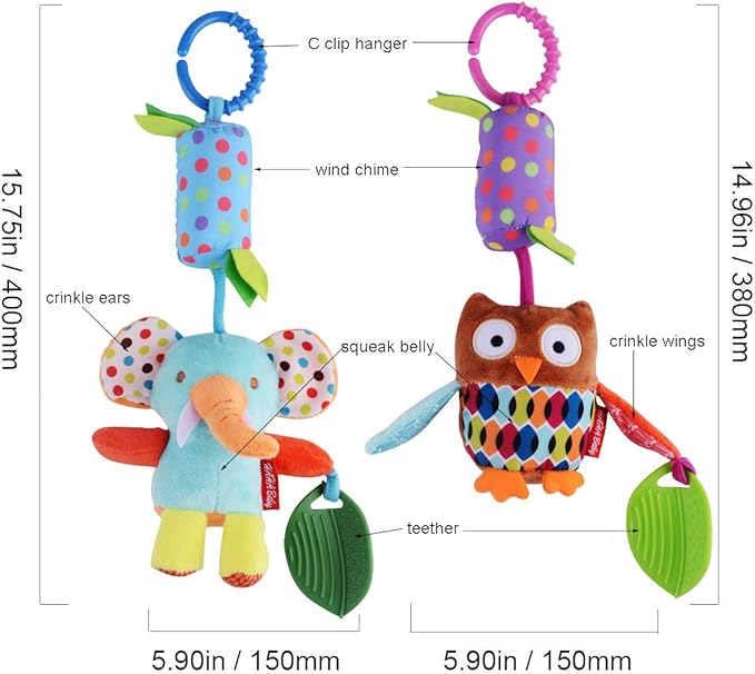 Toys for 0 3 6 9 to 12 Months, Soft Hanging Crinkle Squeaky Sensory Learning Toy Infant Newborn Stroller Car Seat Crib Travel Activity Plush Animal Wind Chime with Teether for Boys Girls