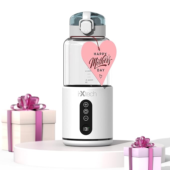 IXTECH Portable Water Warmer for Baby Formula, Milk Warmer for Travel, 10 oz., Electric Warming with Adjustable Temperature Control, Leak-Resistant Spout, Rechargeable and Wireless