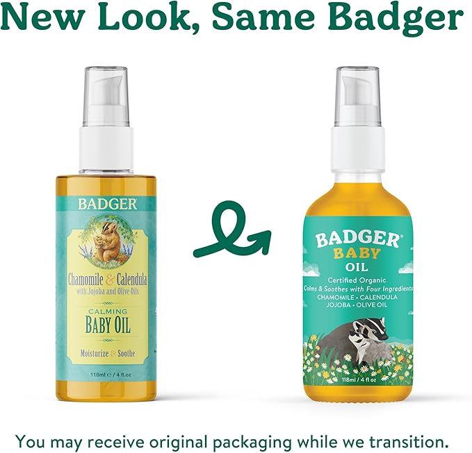 Badger Baby Oil, 100% Organic Ingredients to Soften & Moisturize Dry Skin or Cradle Cap, Soothing Vegan Organic Baby Oil, 4 fl oz Glass Bottle