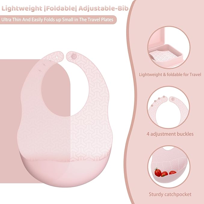 Traval Silicone Foldable Feeding Set, On-the-Go Baby Feeding Supplies Including Toddler Plates, Silicone Baby Spoon&Fork, Adjustable Foldable Bib, Portable Infant Toddler Utensils, Pink
