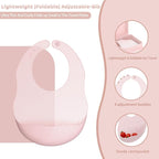 Traval Silicone Foldable Feeding Set, On-the-Go Baby Feeding Supplies Including Toddler Plates, Silicone Baby Spoon&Fork, Adjustable Foldable Bib, Portable Infant Toddler Utensils, Pink