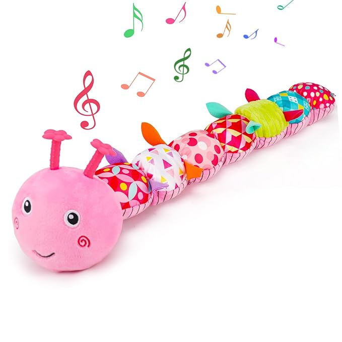 Baby Tummy Time Toy 0-6 Month Musical Stuffed Animal Plush Caterpillar Toy for Infant 6-12 Month Teething Sensory Toy with Crinkle Rattle for Babies 0-3-6 Month Newborn Toys for Boy Girl Birthday 1