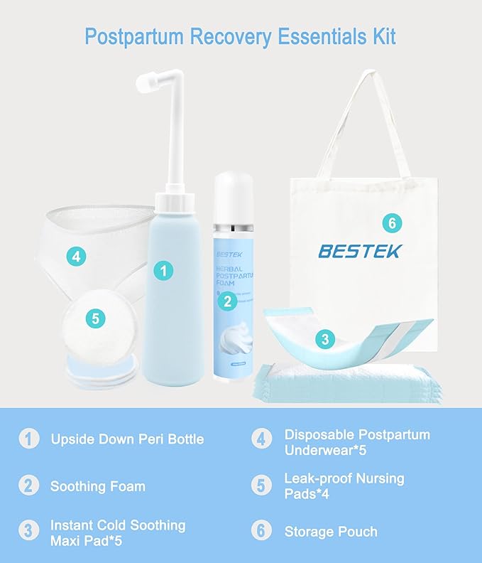 Postpartum Recovery Essentials Kit - Labor Delivery Mom Care Kit - Disposable Postpartum Underwear, Peri Bottle, Postpartum Ice Pack Pads, Reusable Nursing Pads, Herbal Foam, Canvas Bag Set 6 pack