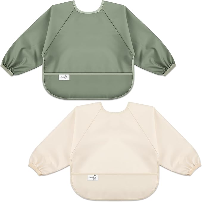 Long Sleeve Baby Bib, Waterproof Fabric, Catch-All Pocket, Baby Smock Bib, Adjustable Sleeves