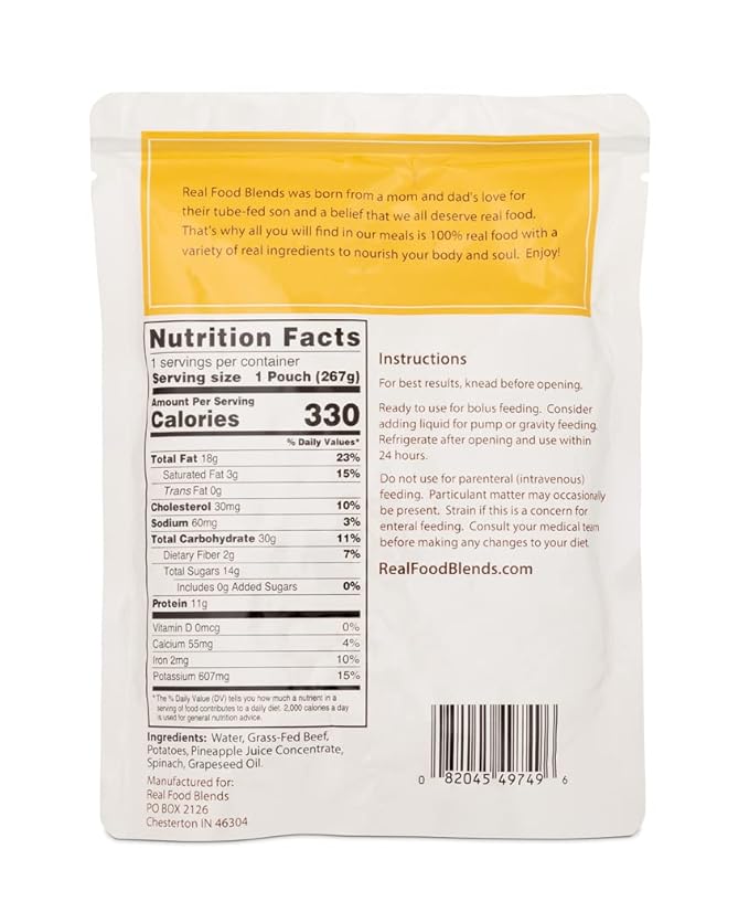 Real Food Blends Beef, Potatoes & Spinach - Pureed Food Meals for Tube Feeding with Protein, Vegetables & Fruits - 330 Calories for Lunch & Dinner - 9.4 oz (Pack of 12)