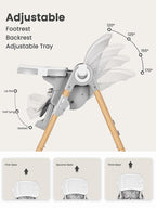 Foldable High Chair with Soft Cushion, High Chairs for Babies and Toddlers, Height Adjustable Feeding Chair, Adjustable Backrest and Footrest, Lockable Wheels, Woodgrain Star Gray