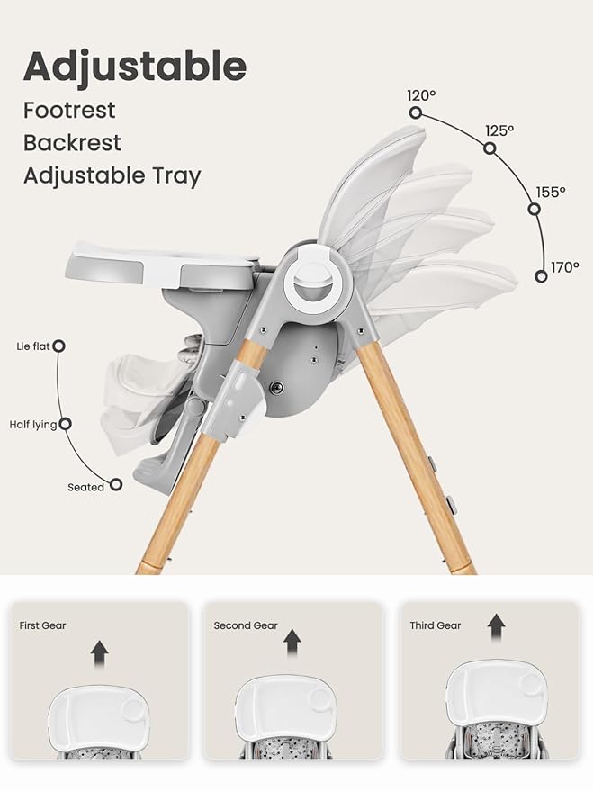 Foldable High Chair with Soft Cushion, High Chairs for Babies and Toddlers, Height Adjustable Feeding Chair, Adjustable Backrest and Footrest, Lockable Wheels, Woodgrain Star Gray