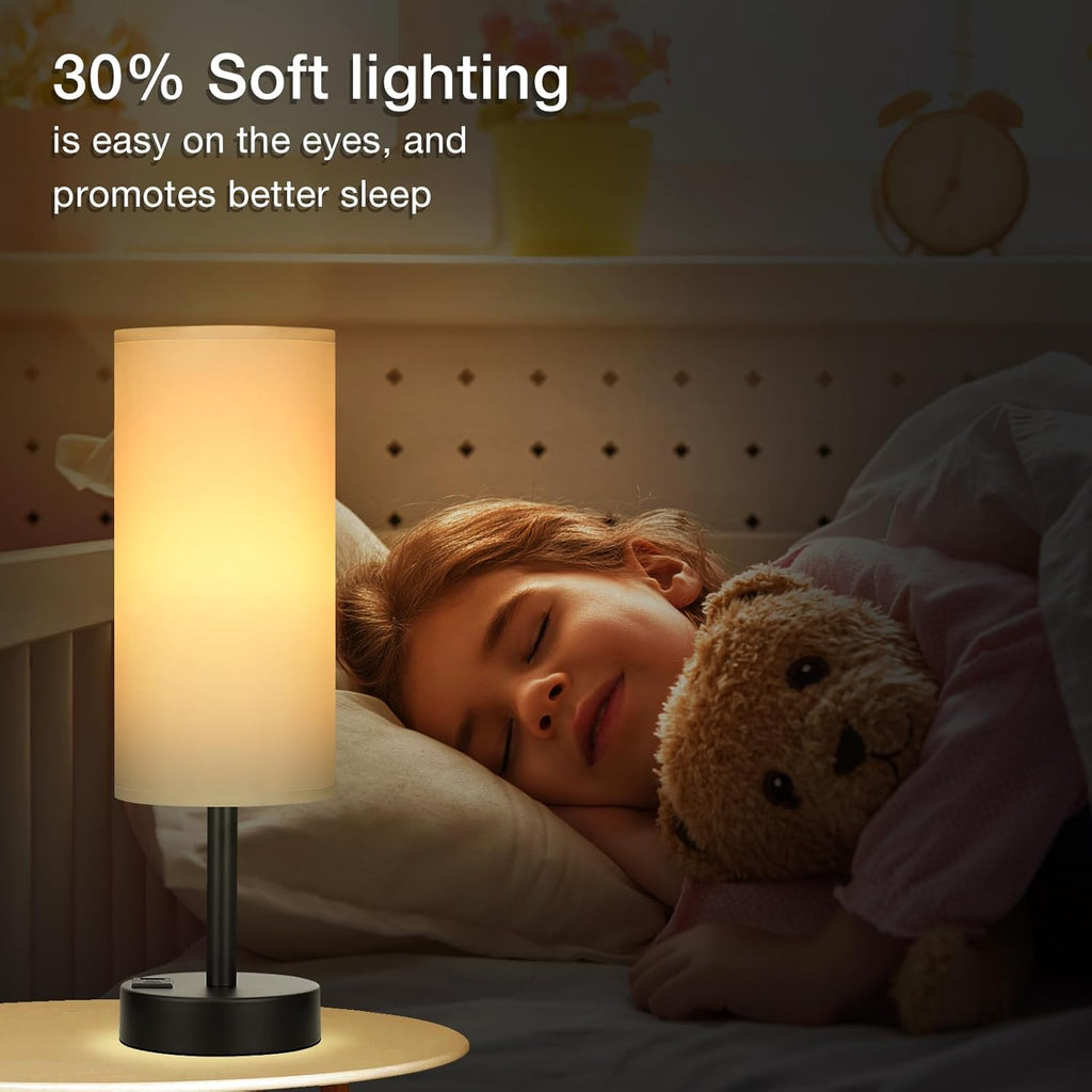 Bedside Touch Table Lamps for Bedroom Nightstand with USB-C USB-A Charging Ports White, 3 Way Dimmable Small Lamp Fabric Shade Black Base for Office, Living Room, Dorm Room Reading