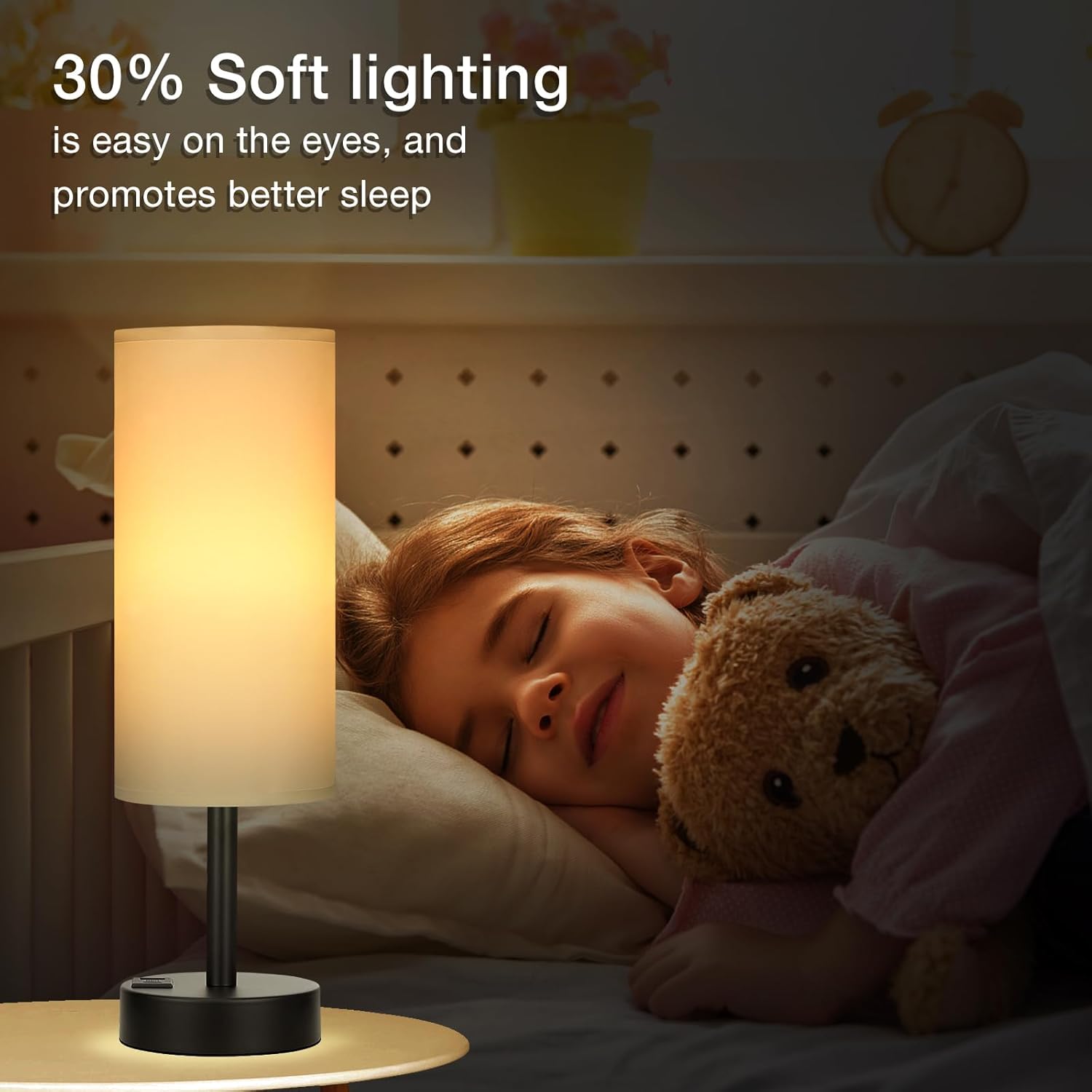 Bedside Touch Table Lamps for Bedroom Nightstand with USB-C USB-A Charging Ports White, 3 Way Dimmable Small Lamp Fabric Shade Black Base for Office, Living Room, Dorm Room Reading