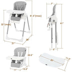 INFANS High Chair for Babies & Toddlers, Foldable Highchair with Multiple Adjustable Backrest Footrest Seat Height, Removable Tray, Detachable PU Leather Cushion Wheels (with Booster, Light Grey)