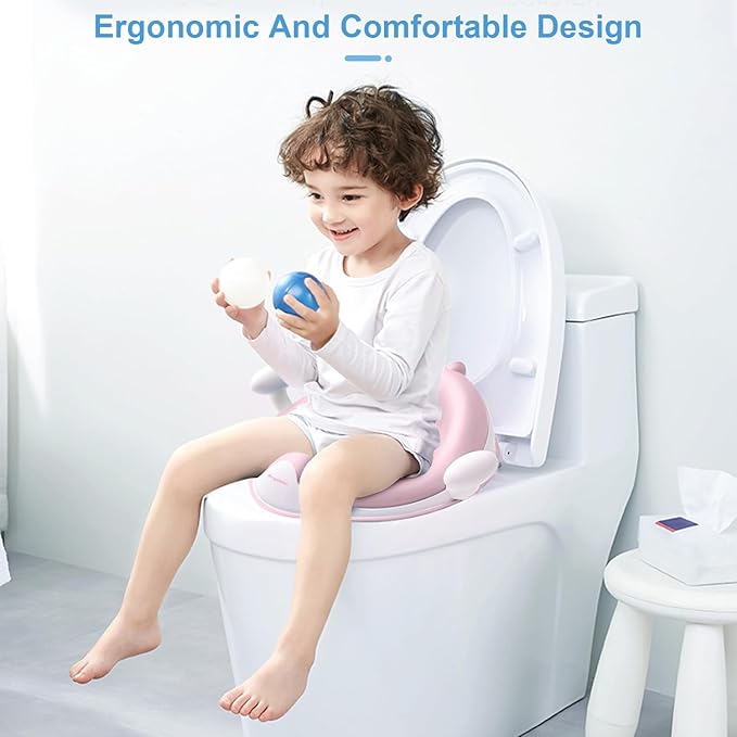 ANGELBLISS Baby Potty Training Toilet Seat with Soft Cushion Handles, Haute Collection, Double Anti-Slip Design and Splash Guard for Boys and Girls (Pink)