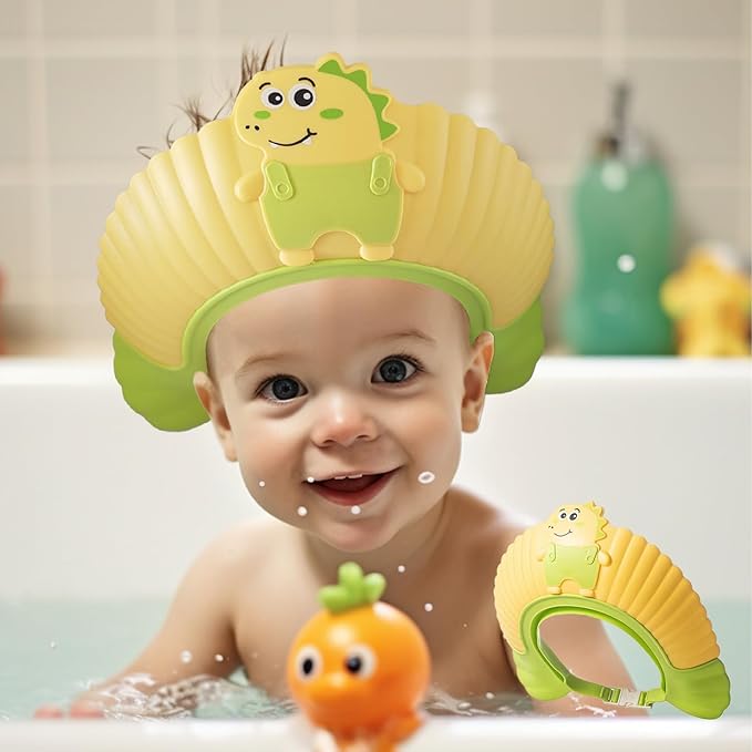 Baby Shower Cap Shield, Shower Cap for Kids, Visor Hat for Eye and Ear Protection for 0-9 Years Old Children, Cute Little Dinosaur Shape Makes The Baby Bath More Fun (Yellow)