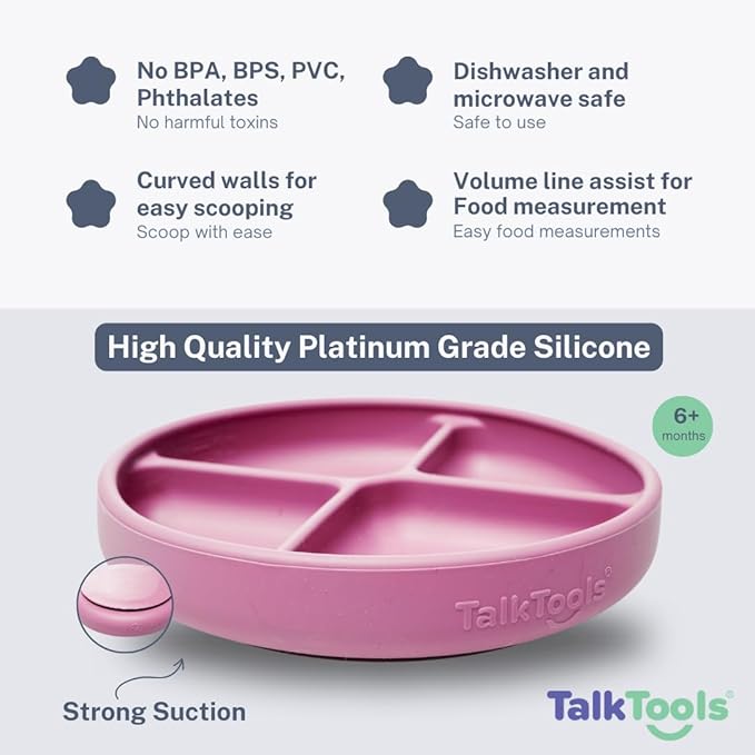 TalkTools Itsy Plate Must-Have Silicone Baby Plates with Suction | Non-Toxic Toddler Feeding Plate | Divided Portion | BPA-Free, Easy-Clean, Travel-Friendly Baby Dishware - Made in USA (Bubblegum)