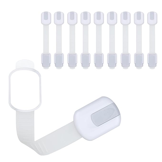 Child Safety Cabinet Locks (10 Pack) – Adjustable Baby Proofing Strap Latches with Strong 3M Adhesive – No Drill Childproof Locks for Drawers, Cabinets, Fridge, Door, Closet, Grey