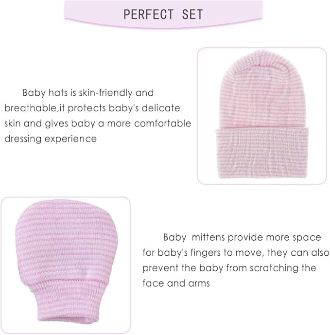 Baby Caps and Mittens Newborn Hospital Beanie Hats No Scratch Gloves Soft Babies Gift Set for Boys Girls