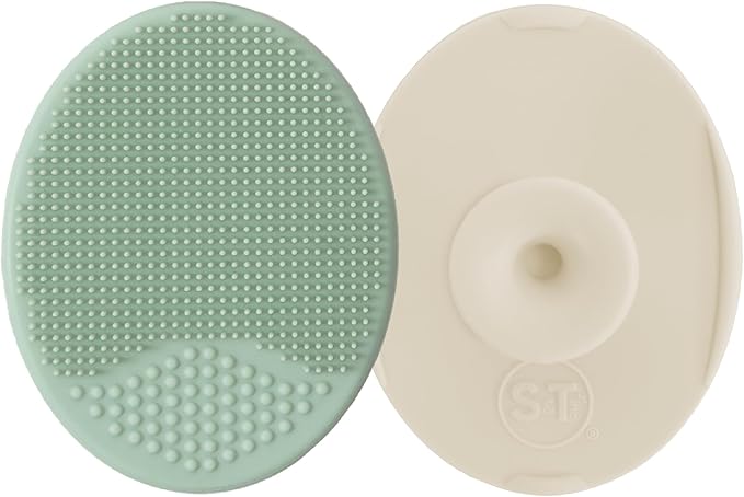 S&T INC. Exfoliating and Massaging Cradle Cap Bath Brushes for Baby, Silicone - 2 Inch x 2.5 Inch, Sage Green & Cream, 2 Pack