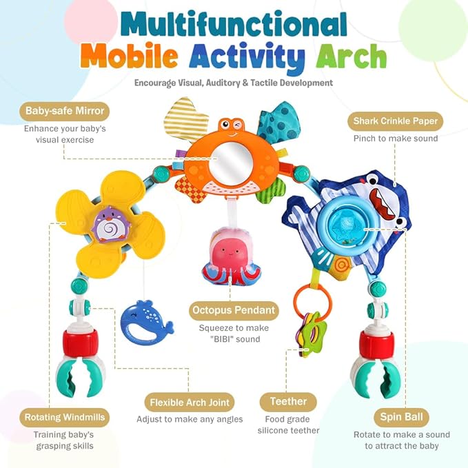 Baby Stroller Car Seat Toys,Adjustable Crib Mobile Activity Arch Toys with Sound Toy and Baby Hanging Toys,Sensory Play Travel Bouncer Bassinet Toy for Toddler Boy Girl 0 3 6 9 12 24 Month
