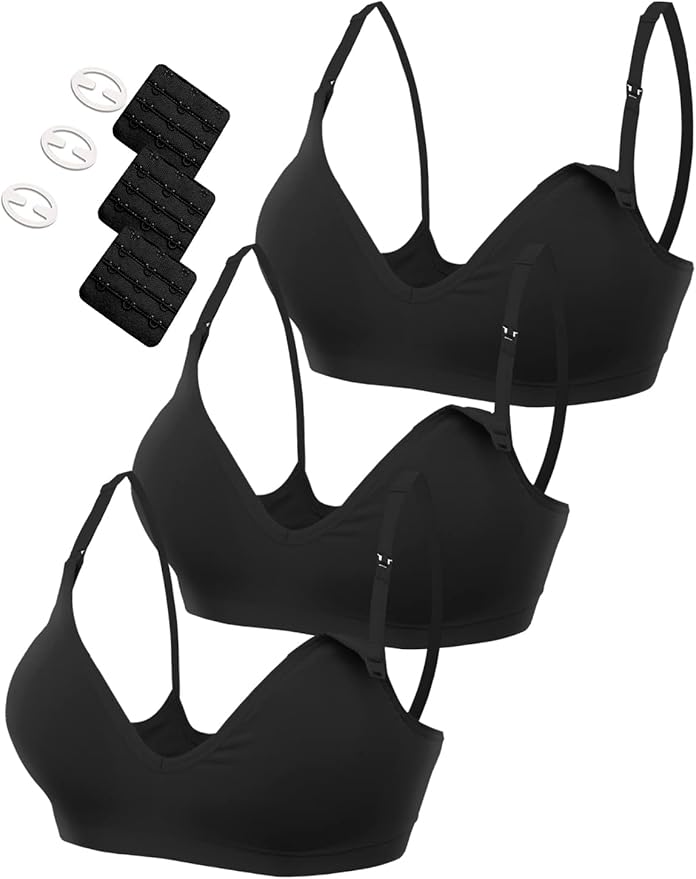 HOFISH Maternity Nursing Bras for Breastfeeding, 3 Pack Pregnancy Deep V Neck Wireless Bra with Extenders & Clips