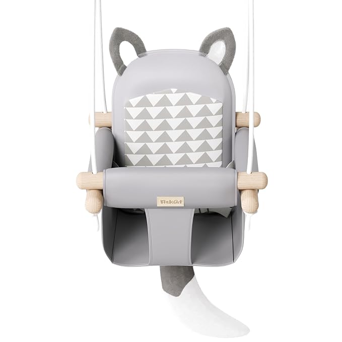 Wooden Hanging Baby Swing with Soft Safety Belt, Cozy Infant Swing Seat for Indoor & Outdoor Use, Adjustable Height, Includes Mounting Hardware – Suitable for Babies & Toddlers（Fox-Themed in Gray