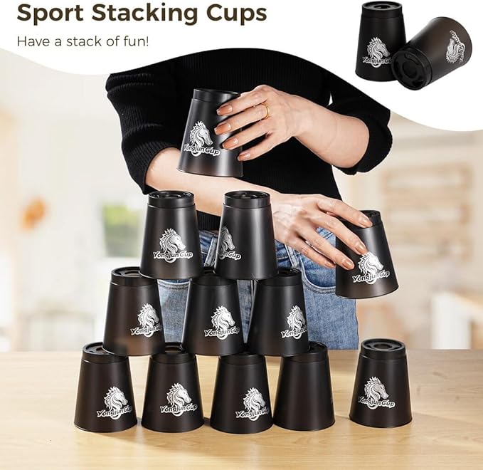 yeesport 12 Pcs Sport Stacking Cups, Sport Training Game for Challenge Competition, Plastic Stacking Cups, Classic Family Game for Kids and Adults, Black