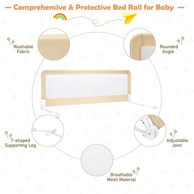 Costzon Bed Rail for Toddlers, 2 PCS Extra Long Swing Down Safety Bed Guards w/Straps for Convertible Crib, Kids Twin, Double, Full Size, Queen & King Bed, Folding Bed Rails for Baby (59-Inch, Beige)