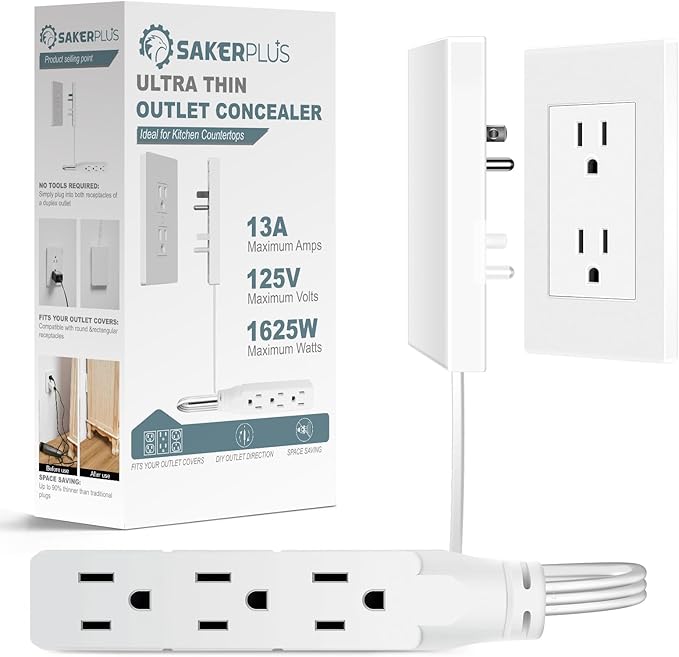 Outlet Concealer Power Strip | 5ft Flat Extension Cord | Ultra-Thin Outlet Cover Extension Cord with 3AC Outlets-,Universal Size,1625W for Kitchen, Home Improvement, Child & Pet Safe