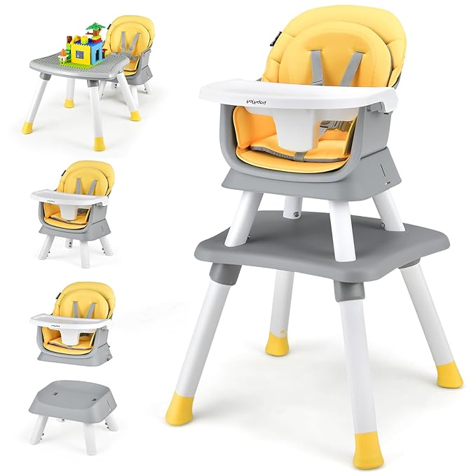 KOTEK Baby High Chair, 8 in 1 Convertible Highchairs for Babies and Toddlers, Building Block Table, Booster Seat, Toddler Chair with Removable Tray, Safety Harness, Dual Cushions (Yellow)