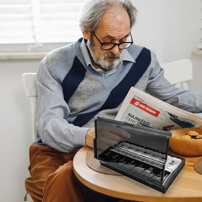 Extra Large Weekly Pill Organizer 2 Times a Day - Remtise Am/Pm Daily Pill Case Medicine Organizer, Push Button 7 Day Pill Box for Pills/Vitamin/Cod Liver Oil/Supplements (Black & White)