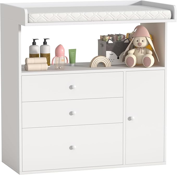 Baby Changing Table Dresser with Wide Tabletop, 3 Drawers & Open Storage Space, Baby Dresser with Changing Table Top, Perfect for Baby Bedrooms & Nurseries (Extra Large)