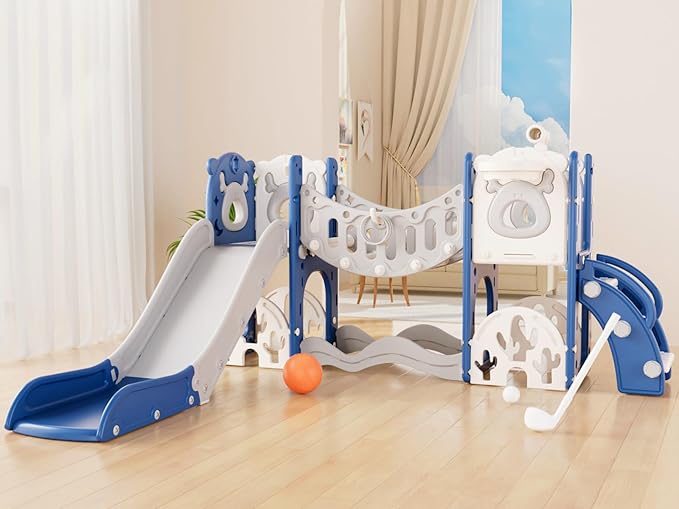 YUFU Toddler Slide Set, 11 in 1 Kids Slide for Toddlers 1-3, Toddler Playset with Climbing Bridge, Golf Set, Basketball Hoop, Indoor Outdoor Playground (Blue)
