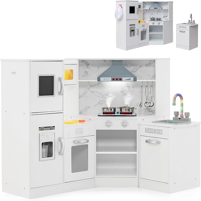 Costzon Kids Kitchen Playset, Pretend Cooking Toys w/Washing Basin, Real Lights & Sounds, Microwave, Oven, Blackboard, Ice Maker, Range Hood, Stoves, 2-PieceCorner Wooden Play Kitchen for Kids 3+