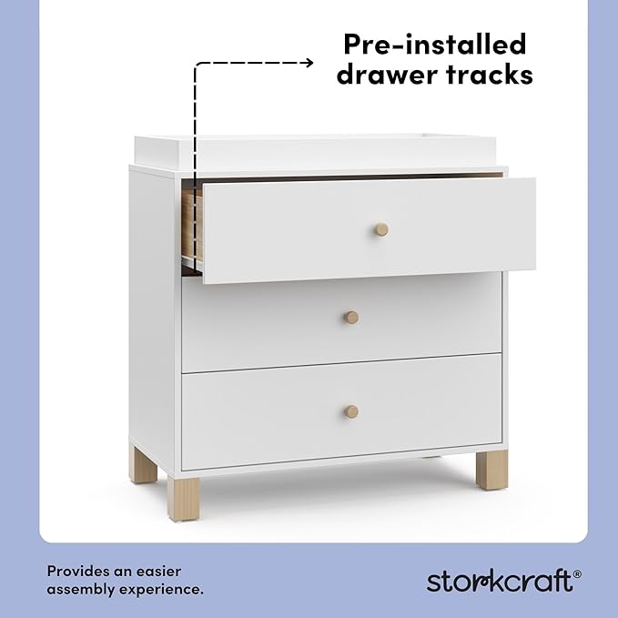 Storkcraft California 3-Drawer Chest with Removable Changing Topper (White with Driftwood) – GREENGUARD Gold Certified, Interlocking Drawer System, Pre-Installed Tracks, Easy Assembly