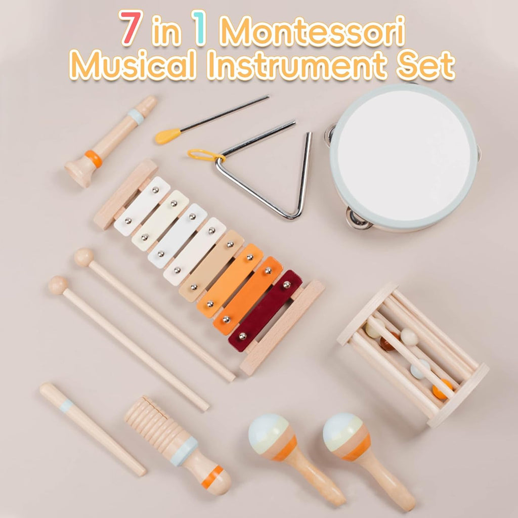 Baby Musical Instruments, 7 Pcs Set Montessori Musical Toys, Musical Instruments for Toddlers 3+, Neutral Colors Wooden Percussion Instruments Set, Suitable for Education for 3+ Children