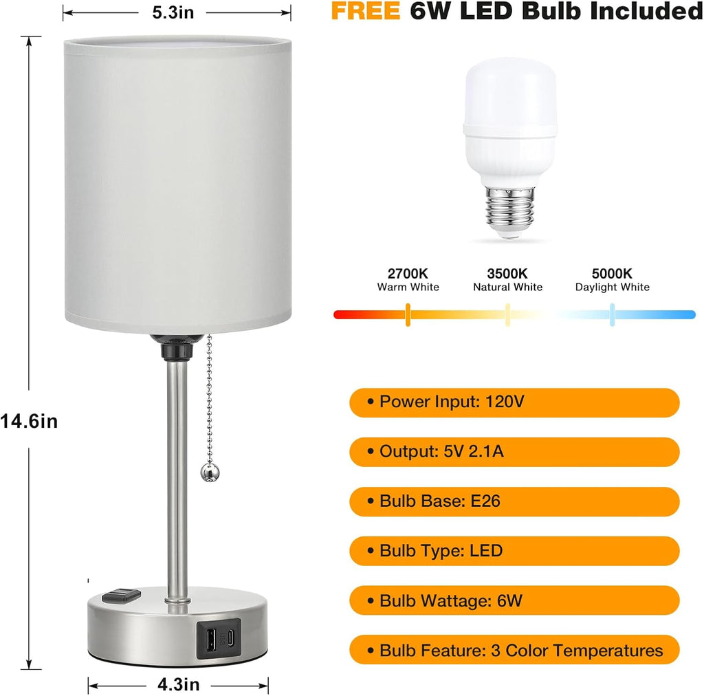 Grey Bedroom Lamp for Nightstand - 3 Color Temperature Table Lamp with USB C and A Ports, Pull Chain Bedside Lamp with AC Outlet, Desk Lamp with Silver Metal Base for Kids Girls