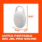 JBL Clip 5 - Ultra-Portable, Waterproof & Dustproof Bluetooth Speaker, Big Pro Sound with Punchy bass, Integrated Carabiner, Up to 12 Hours of Play, Made in Part with Recycled Materials (White)