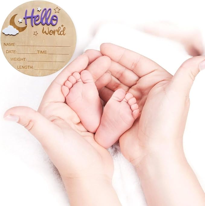 Baby Announcement Sign, 5.9 Inch Wooden Hello World Newborn Signs, Birth Announcement Sign and Pen, Moon and White Cloud Decoration, Welcome Newborn Arrival to World, Hospital Nursery for baby (Purple)