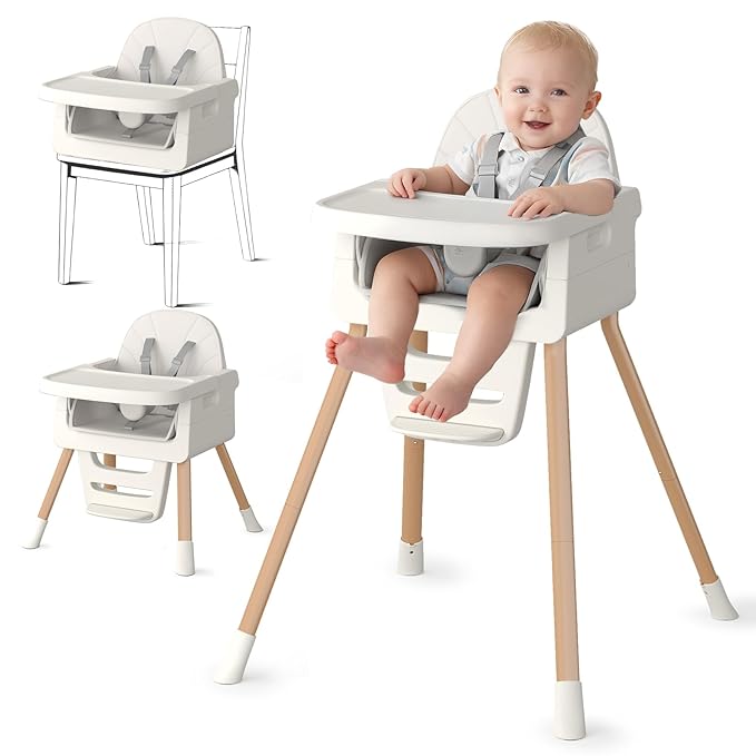 Baby High Chair for 6 Months+, Foldable High Chairs for Babies and Toddlers, Convertible Toddler Chair, Adjustable Tray & Footrest, Lightweight, Stable & Easy to Clean(White with Wood Grain)