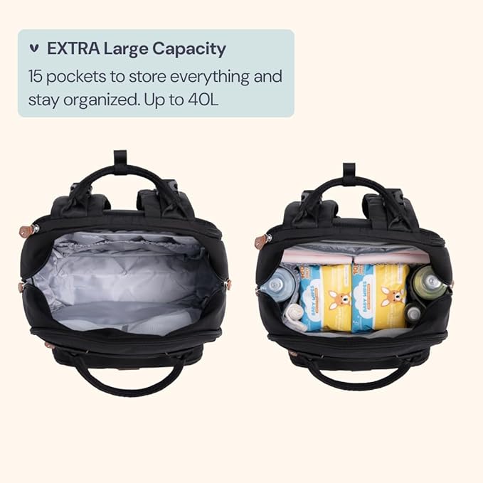 BabbleRoo Extra Large Diaper Bag Backpack, Expandable Baby Bag with Up to 50% More Capacity - Travel Essentials Baby Bag Tote with Changing Pad, Stroller Straps & Pacifier Case - Unisex, Black