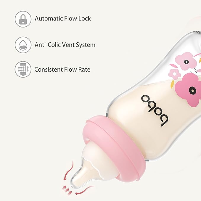 YOHKOH Natural Glass Baby Bottle with Natural Response Nipple, Newborn Anti-Colic Baby Bottles, Wide Neck Mushroom Cap Baby Bottle, Clear ((5.4oz (Pack of 2), Red-1)