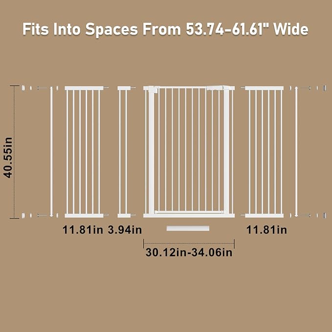 WAOWAO 40.55" Extra Tall 1.37" Ultra Narrow Spacing 53.74-61.61" Extra Wide Dogs Pets Baby Gate Safety Indoor Puppy Pressure Mounted Gate No Drill White Metal for Stairs,Doorways,Kitchen,Hallway