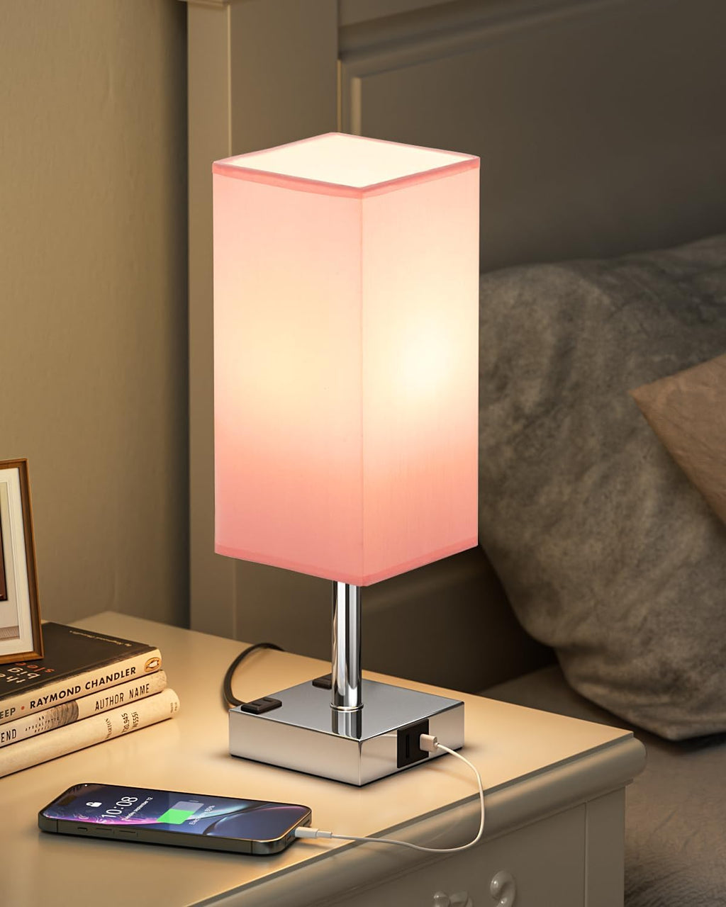 Touch Bedside Table Lamp for Nightstand - 3-Way Dimmable Night Lamp with USB A + Type C Charging Ports and Two AC Outlets, Small Desk Light with E26 LED Bulb for Bedroom Living Room Dorm Office, Pink