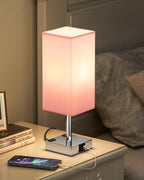 Touch Bedside Table Lamp for Nightstand - 3-Way Dimmable Night Lamp with USB A + Type C Charging Ports and Two AC Outlets, Small Desk Light with E26 LED Bulb for Bedroom Living Room Dorm Office, Pink