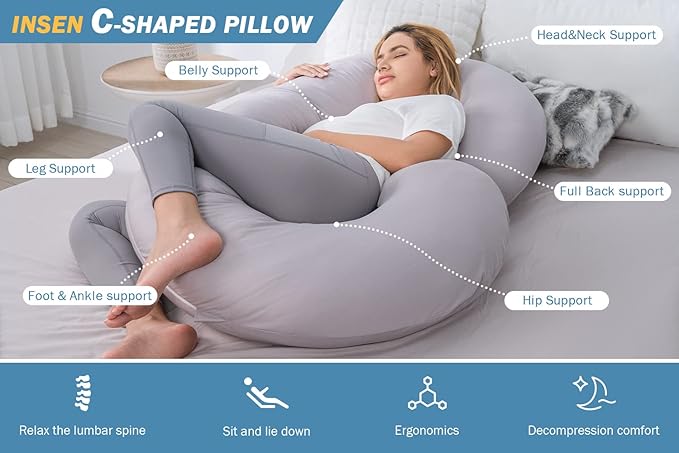 INSEN Cooling Pregnancy Pillow, Maternity Pillow with Tencel Cover,C Shaped for Pregnant and Side Sleeping (Cooling Light Grey)