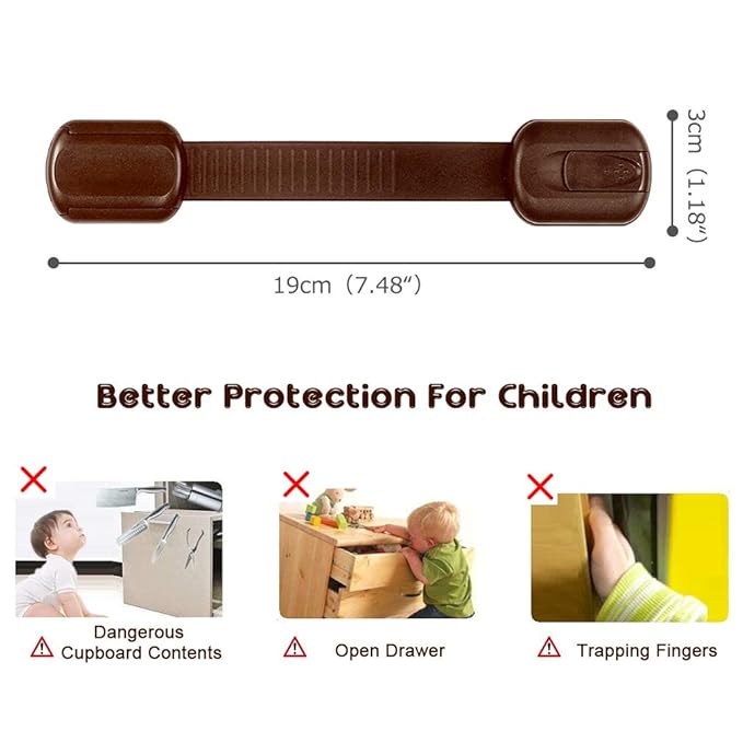 Baby Safety Locks - Child Proof Adjustable Latches for Cupboard Doors and Drawers Dresser Doors Closet Toilet Seat Oven Refrigerator Appliances,8 Pack Brown,Free 9 Extra Adhesive Pads