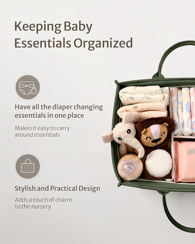 Blissful Diary Baby Diaper Caddy Organizer, Stylish Storage Basket for Newborn Essentials and Diaper Station, Gift for Baby Shower and Registry Must-Have, Deep Green
