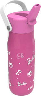 Zak Designs Barbie Harmony Water Bottle for Travel or At Home, 20oz Stainless Steel is Leak-Proof When Closed and Vacuum Insulated with Straw Lid and Carry Handle (Pink)