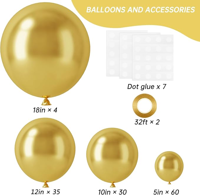 RUBFAC 129pcs Metallic Gold Balloons Different Sizes 18 12 10 5 Inch, Latex Balloon Garland Arch Kit for Party Graduation Wedding Holiday Happy Birthday Decoration