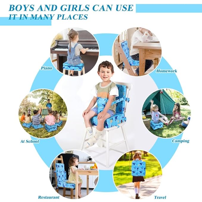 Toddler Booster Seat for Dining Table, Dinosaur Booster Seat for Table with Backrest and Adjustable Seat Belts Non-Slip Bottom Portable Booster Seat Increasing Cushion for Kid Baby Eating Travel Home